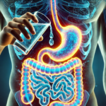 person drinking water with a healthy, glowing digestive system in the center of the body. There will be a clear connection between the water and the gut, with visuals like water droplets or waves flowing into the digestive system, highlighting how hydration positively affects gut health. The digestive system will look vibrant and healthy, symbolizing the benefits of hydration.