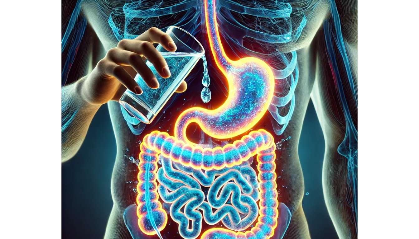 person drinking water with a healthy, glowing digestive system in the center of the body. There will be a clear connection between the water and the gut, with visuals like water droplets or waves flowing into the digestive system, highlighting how hydration positively affects gut health. The digestive system will look vibrant and healthy, symbolizing the benefits of hydration.