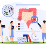 Illustration of gut health research and innovation. The image features medical professionals examining a large screen displaying the human digestive system, with a magnifying glass highlighting areas of interest. A close-up view of gut bacteria is shown in a circular inset. Medical equipment and medication are visible in the foreground, emphasizing the focus on gut microbiome and its impact on health.