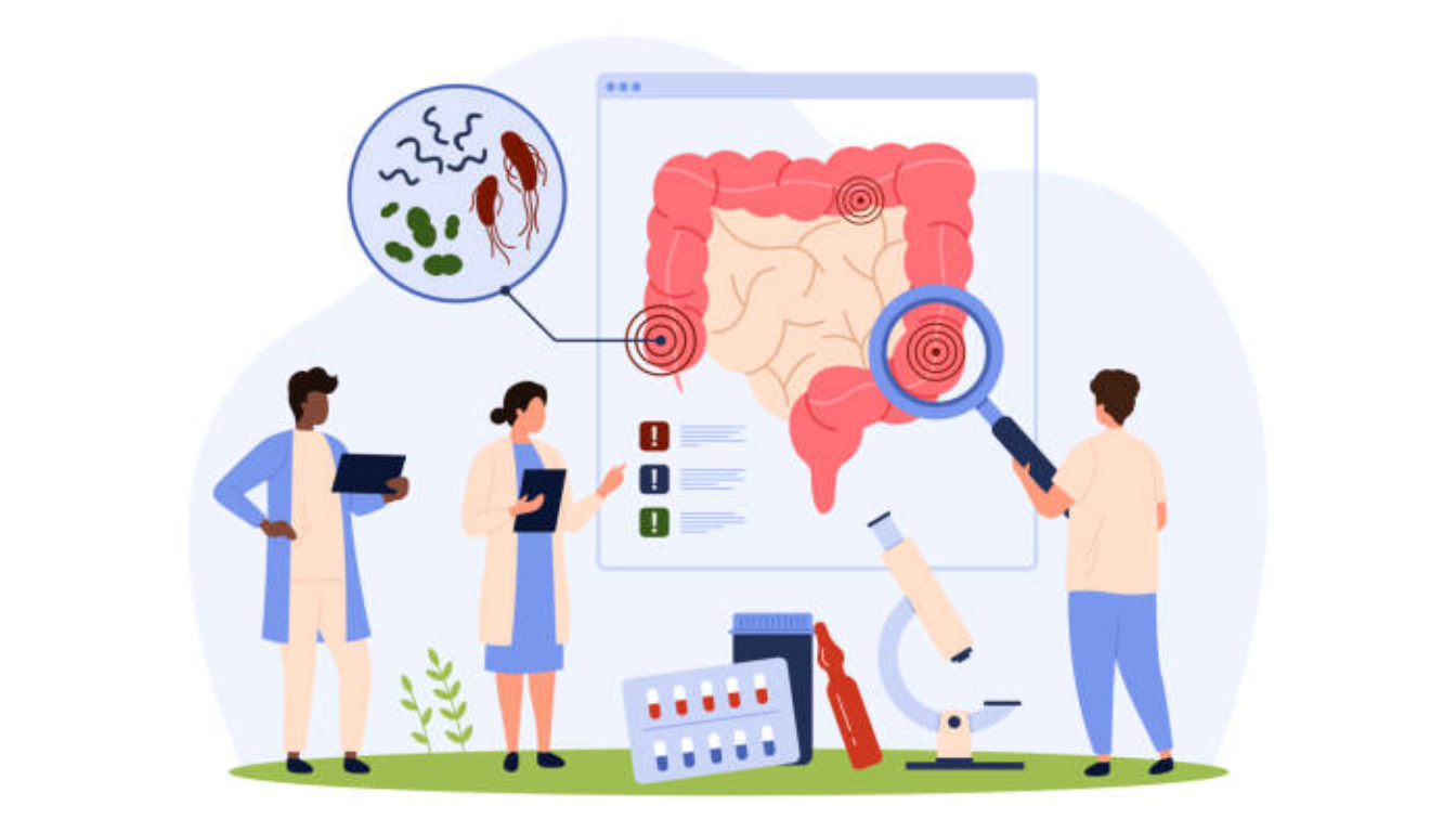 Illustration of gut health research and innovation. The image features medical professionals examining a large screen displaying the human digestive system, with a magnifying glass highlighting areas of interest. A close-up view of gut bacteria is shown in a circular inset. Medical equipment and medication are visible in the foreground, emphasizing the focus on gut microbiome and its impact on health.